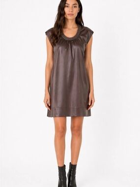 Theory Silk Satin Shift Dress Taupe Brown Chain Neck Sleeveless Size 6